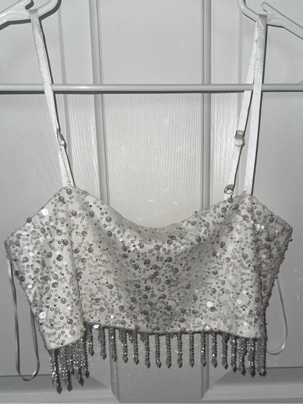 Sequined Fringe Crop Cami Top - White